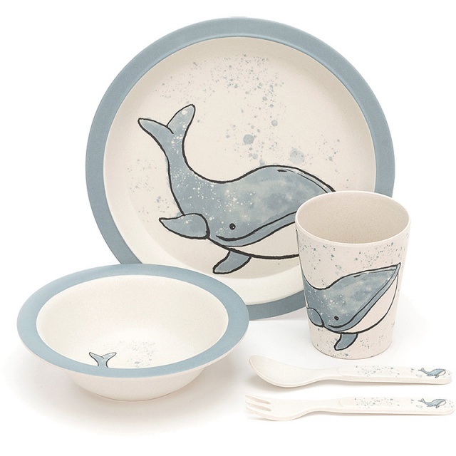 Little Jellycat Wilbur Whale Bamboo Bowl, Cup & Plate Set Plushpaws.co.uk