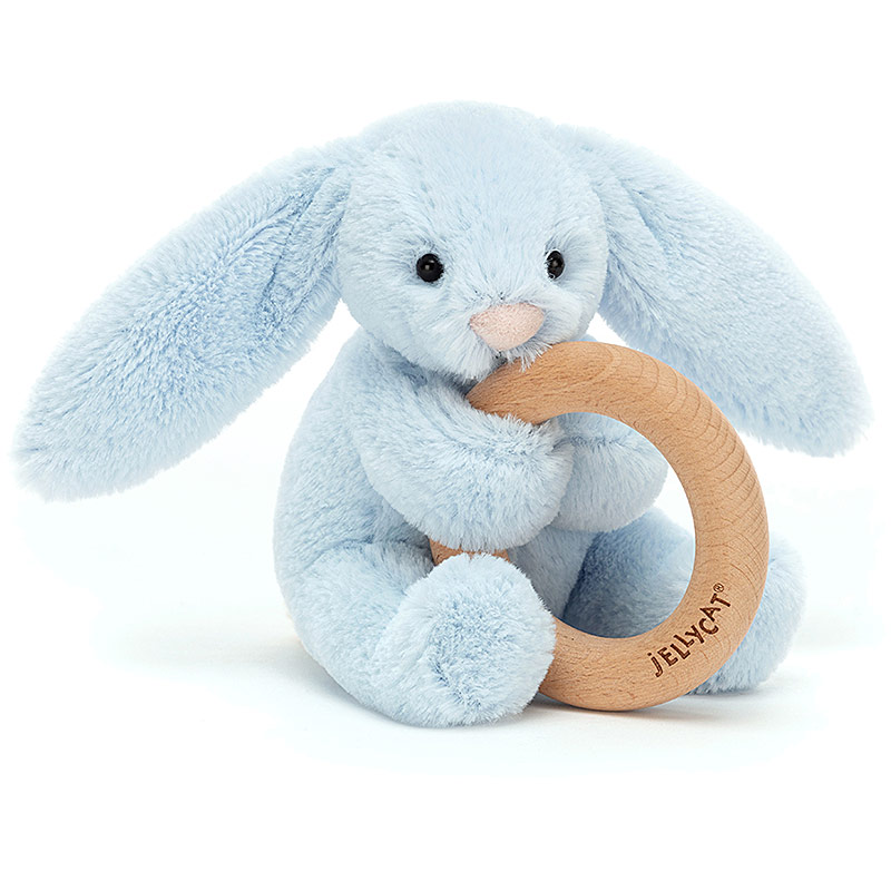 Bashful Blue Bunny Wooden Teething Ring & Rattle