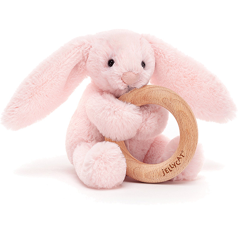 Bashful Pink Bunny Wooden Teething Ring & Rattle