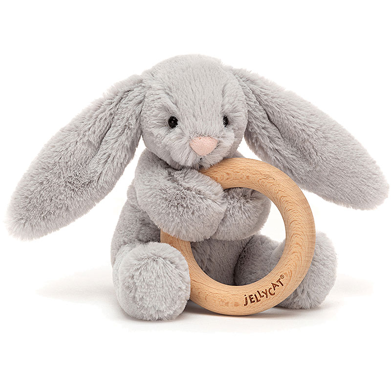 Bashful Silver Bunny Wooden Teething Ring & Rattle