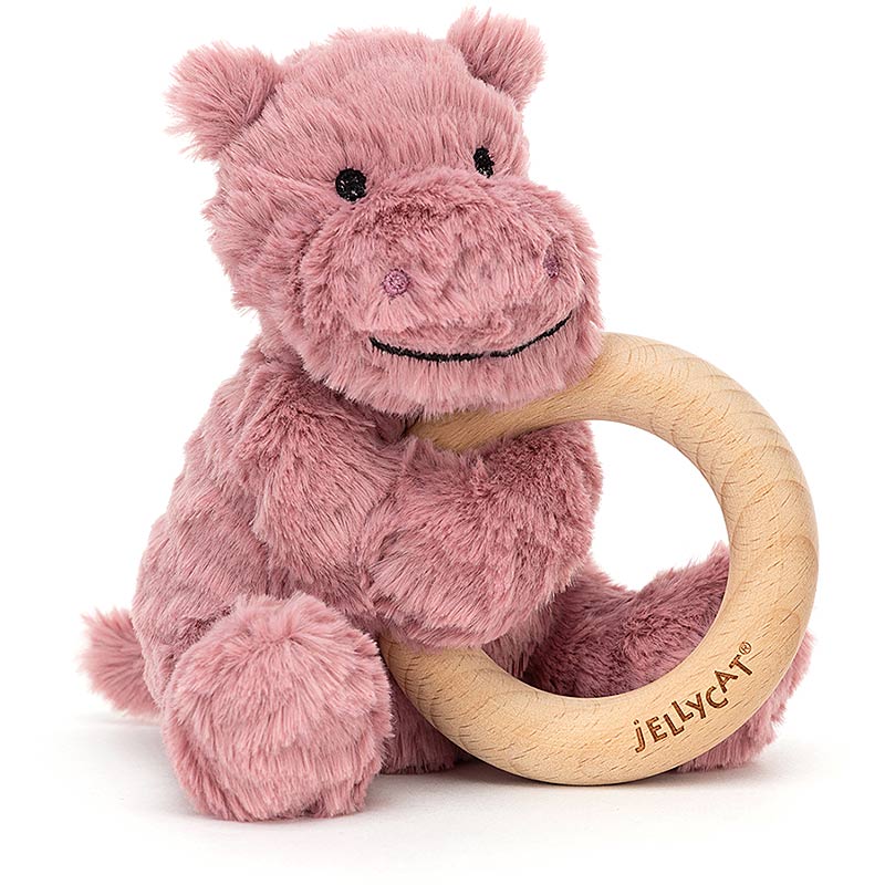 Little Jellycat Fuddlewuddle Hippo Wooden Teething Ring Rattle plushpaws