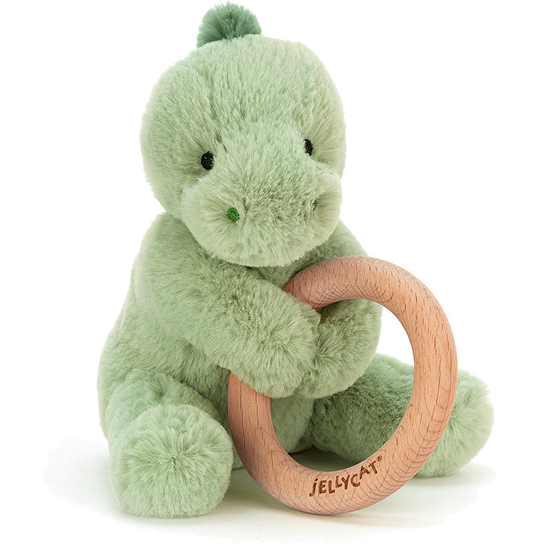 Little Jellycat Shooshu Dino Wooden Teething Ring & Rattle Plushpaws