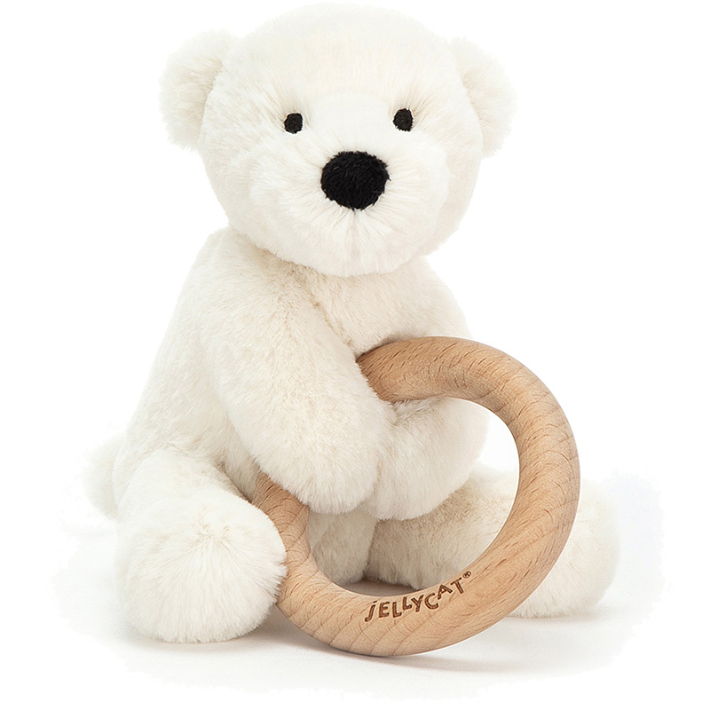 Shooshu Perry Polar Bear Wooden Teething Ring & Rattle